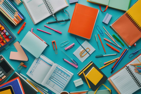 A desk with various open textbooks, notebooks, pens, and pencils, all arranged neatly for tutoring services.の素材