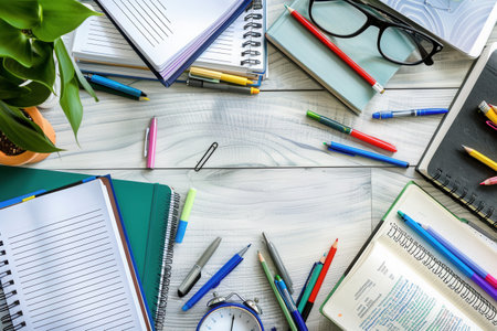 A well-organized desk with open textbooks, notebooks, pens, and pencils, perfect for tutoring services and educational centers.の素材