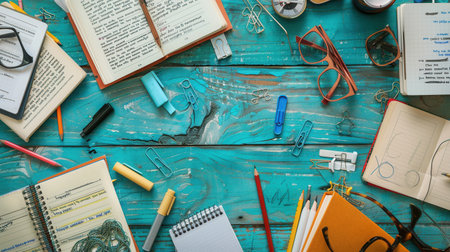 A flat lay image showcasing a well-organized desk with open textbooks, notebooks, pens, pencils, and other stationery items on a blue wooden background.の素材