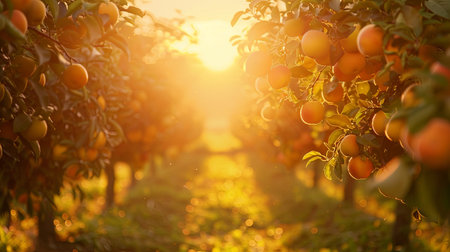 A close-up of ripe apples hanging from a tree branch in an orchard, with the setting sun creating a warm, golden glow.の素材