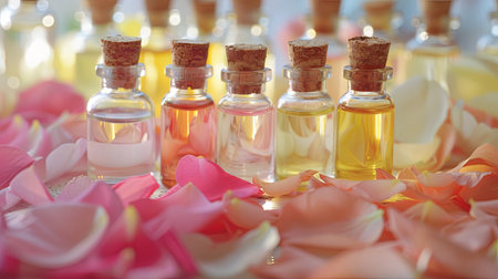 Small glass bottles of essential oil with cork tops are arranged on a surface with rose petals.の素材