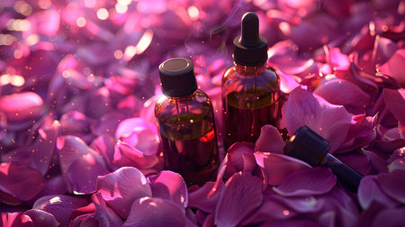 Two bottles of rose essential oil are surrounded by pink rose petals.の素材