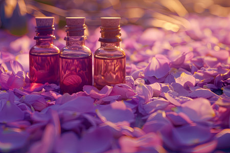 Three glass bottles of essential oil are arranged on a bed of pink rose petals, bathed in the golden light of sunset.の素材