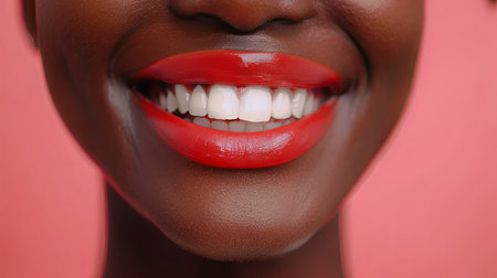 A close-up shot of a womans mouth smiling, showing bright white teeth and glossy red lipstick.の素材