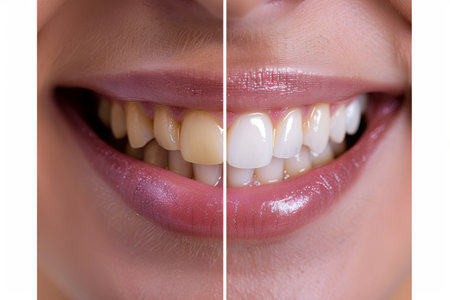 Close-up photo of a persons smile before and after a teeth whitening treatment, showing a significant improvement in tooth color and brightness.の素材
