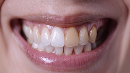 A close-up image of a womans smile, highlighting a single, noticeably whiter tooth amidst her other natural teeth.の素材