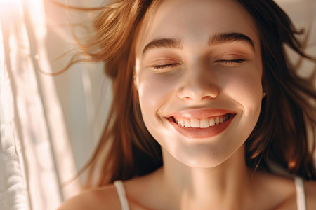 A close-up portrait of a woman with brown hair smiling brightly in the sunlight.の素材