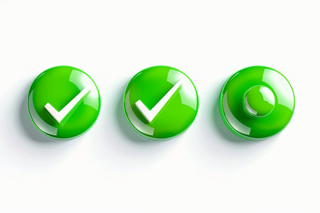 Three glossy green checkmark buttons isolated on a white background.の素材