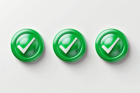 Three green circular buttons with white checkmarks are arranged in a row on a white background.の素材
