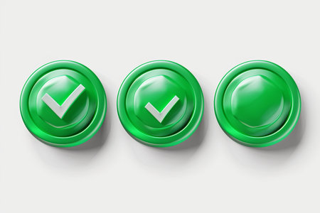 Three green buttons with white checkmarks, arranged in a row on a white background.の素材