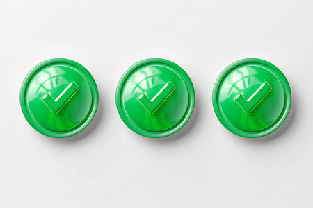 Three glossy green checkmark buttons, arranged horizontally on a white background.の素材