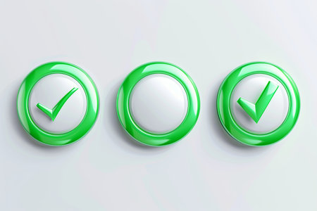 Three round, green buttons with white checkmarks on a white background.の素材