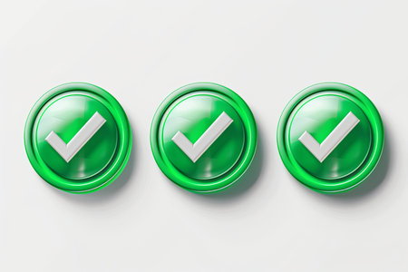 Three green checkmark buttons on a white background.の素材