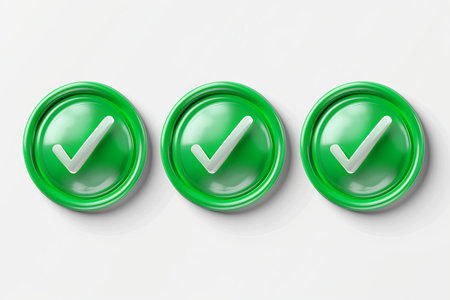 Three green checkmark buttons are arranged in a row on a white background.の素材