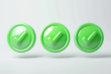 Three green checkmark icons, arranged in a row, are shown on a white background. The icons are 3D rendered and have a glossy finish.の素材