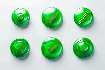 Six round, green buttons with different icons on a white background. The icons include a checkmark, a downward arrow, and a series of lines.の素材