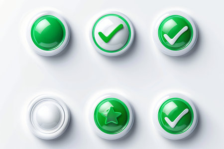 Six round buttons with white borders and green centers featuring various symbols, including checkmarks and a star.の素材