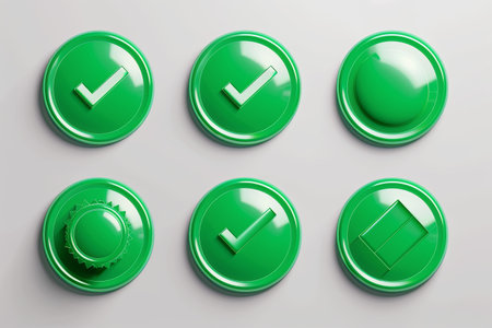 Six circular green buttons with different icons, including checkmarks, a knob, and a rectangle, are arranged in two rows of three on a white background.の素材