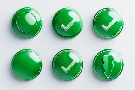 A close-up shot of six green buttons with different symbols, including checkmarks and a leaf, on a white background.の素材