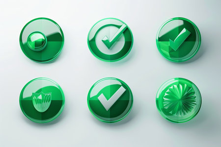 Six green glass buttons with different checkmark designs arranged in two rows of three on a white surface.の素材