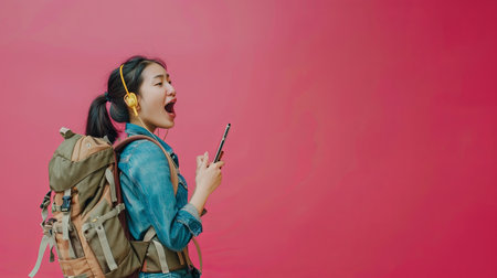 A young woman with long black hair sings while wearing headphones and carrying a backpack, standing in front of a pink wall.の素材