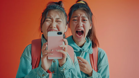 Two young women in front of orange background: one excitedly holds smartphone, the other looks shocked at the camera. Both wear denim jackets.の素材