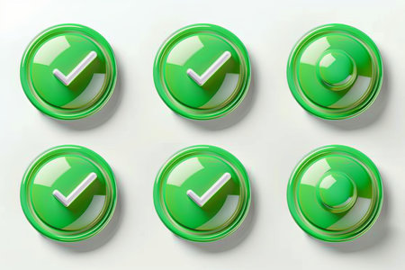 Six green 3D checkmark buttons with white backgrounds are arranged in a grid pattern.の素材