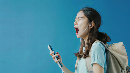 A young woman with long brown hair sings along to music while wearing headphones and carrying a backpack. She is standing in front of a blue wall.の素材