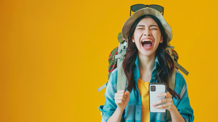 A young woman with a backpack and a hat looks excitedly at her phone in front of a yellow background.の素材