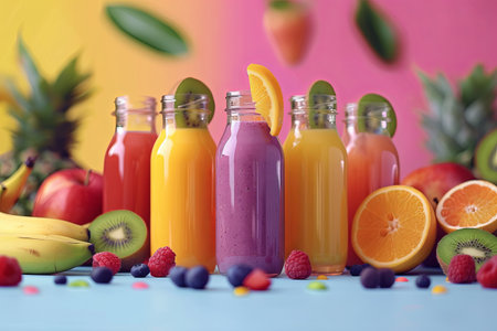 A vibrant arrangement of fruit smoothies and juices in glass bottles on a blue tablettop with fresh fruit, including bananas, kiwis, raspberries, and oranges.の素材