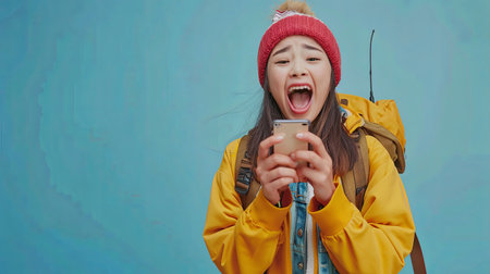 A woman wearing a yellow jacket and red beanie stars at her smartphone with a shocked expression. Her mouth is open wide and her eyes are wide with surprise.の素材