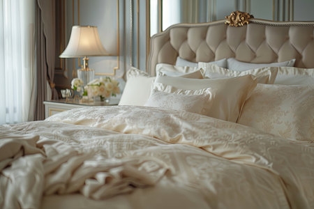 A luxurious bedroom featuring a white bed with embroidered linens and plush pillows. A decorative lamp is on the nightstand beside the bed.の素材