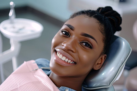 A woman with dark skin and her hair pulled back in a bun sits in a dental chair, smiling brightly. She is wearing a pink bib and looks directly at the camera.の素材