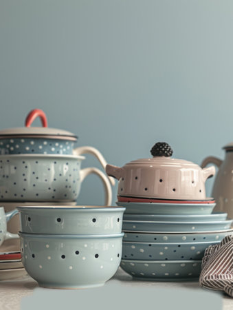 A group of blue and white polka dot ceramic bowls are stacked on a countertop in front of a blue wall.の素材