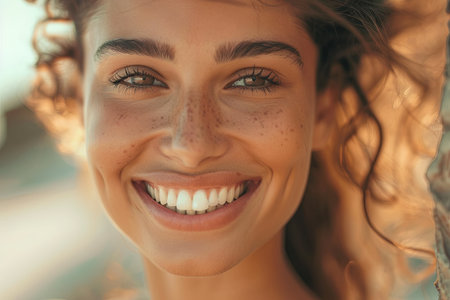 A close up portrait of a woman with curly hair smiling with her teeth showing. She has freckles on her face and is outdoors.の素材