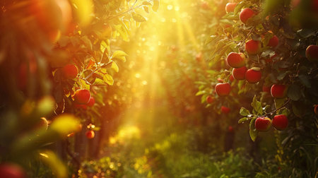 A vibrant image of red apples hanging from trees in a lush orchard during a beautiful sunset.の素材