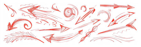 A set of hand-drawn red arrows with swirls and lines on a white background.の素材