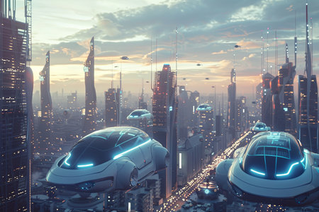 An illustration of a futuristic city with flying cars in the sky, set against a vibrant sunset.の素材