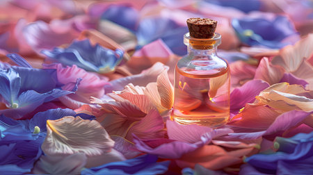 A small glass bottle of essential oil rests on a bed of colorful flower petals, creating a visually appealing and fragrant scene.の素材