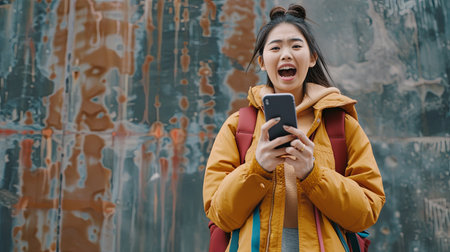 A young woman wearing a yellow jacket stands in front of a textured wall, looking shocked while checking her phone.の素材