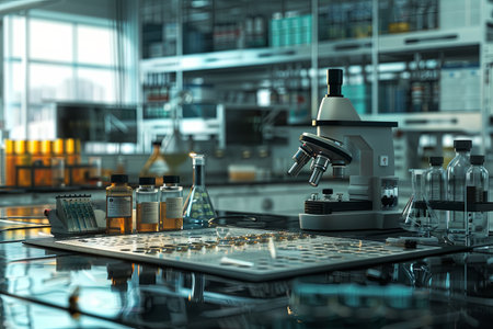 A modern laboratory setting with a microscope and beakers containing chemical solutions on a reflective workbench.の素材