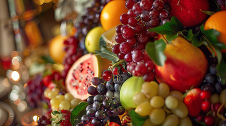 A close-up view of a variety of fresh fruits, including grapes, strawberries, and apples, arranged in a colorful display.の素材