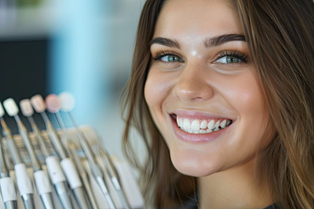 A young woman smiles with white, healthy teeth while sitting in a dental office, with dental instruments blurred in the background.の素材