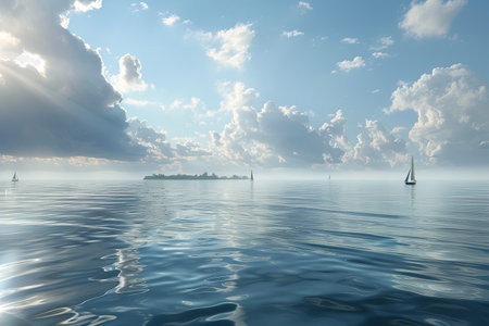 A serene seascape featuring sailboats navigating calm waters on a sunny day, with a cloudy sky overhead.の素材