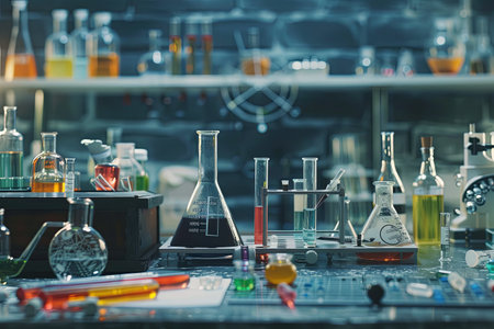 A close-up view of a laboratory table with beakers, flasks, and test tubes filled with various colored liquids.の素材
