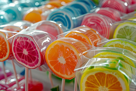 A close-up shot of colorful fruit-flavored lollipops individually wrapped in plastic. The lollipops are on display at a market stall.の素材