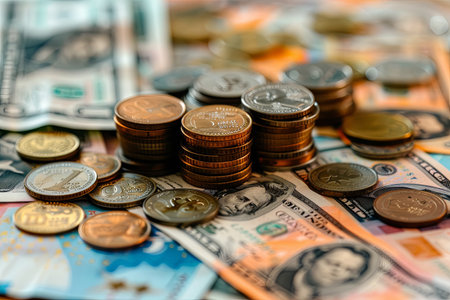 A closeup shot of various coins and US dollar bills laid out on a tabletop surface.の素材