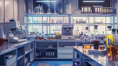 A clean, modern laboratory with rows of glassware and equipment, including beakers, flasks, and a machine with multiple nozzles.の素材