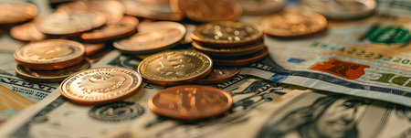 A close-up shot of American currency, featuring dollar bills and copper coins scattered across the surface.の素材