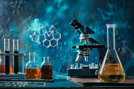 A laboratory workspace with a microscope, test tubes, beakers, and other glassware on a blue tabletop.の素材